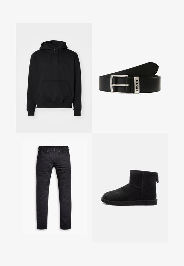 Zwarte pullover hoodie van een zachte katoenmix, beschikt over een kangoeroezak, een trekkoordkap, ribgebreide boorden en een relaxte fit.; Zwarte slim-fit jeans met voorzakken, riemlussen en een knoopsluiting, plat weergegeven tegen een witte achtergrond.; Zwarte suède enkellaarsjes met ronde neus, minimale stikdetails, een lusje om aan te trekken en een gestructureerde rubberen zool. Ontworpen voor warmte en comfort.; Zwarte leren riem met een zilveren metalen gesp, voorzien van een merklogo. Het ontwerp is eenvoudig met een gladde textuur en rechte, taps toelopende uiteinden.
