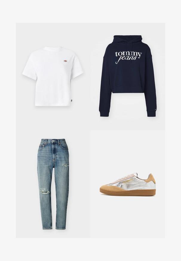 Tmavomodrá skrátená mikina vyrobená z bavlny, s bielym logom "tommy jeans", s kapucňou so šnúrkami a rebrovanými manžetami.; Biele bavlnené tričko s uvoľneným strihom, ktoré má malé logo na hrudi a štítok na boku pre dodatočný detail.; Modré úzke rifle s vysokým pásom a opotrebovanými detailmi na pravom stehne a ľavom kolene, s prednými vreckami a zapínaním na gombík.; Strieborné a béžové semišové tenisky s textúrovanou gumovou podrážkou, béžovými šnúrkami a logom potlačeným v žltej farbe na boku.