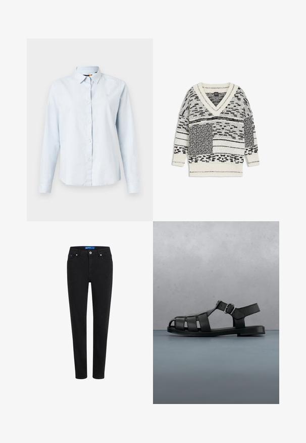 Pull en maille noir et blanc à motifs, col en V, poignets, col et ourlet côtelés, posé à plat sur un fond blanc.; Chemise à manches longues bleu clair avec un col pointu, fermeture à boutons et tissu doux. Présente un petit logo brodé sur la poitrine.; Jean en denim noir à coupe slim, avec un design à cinq poches, fermeture éclair et bouton en métal. Présente des coutures discrètes et une taille mi-haute.; Sandale pour homme en cuir noir avec des brides à bout fermé, une boucle latérale et une semelle plate, vue de profil sur fond blanc.