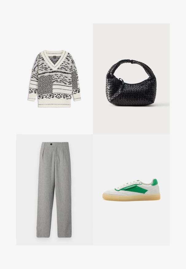 Pull en maille noir et blanc à motifs, col en V, poignets, col et ourlet côtelés, posé à plat sur un fond blanc.; CLOSED MAWSON - Pantalon classique - mud grey; Baskets blanches avec des accents verts, présentant un extérieur en cuir lisse et en daim, des lacets ronds et une semelle en caoutchouc beige.; Sac à main noir tissé de forme arrondie, finition texturée et poignée incurvée. Présente un logo discret en accent sur le devant.