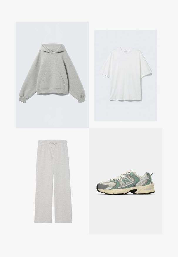 Sweat à capuche oversize gris clair avec une poche kangourou devant, des poignets côtelés et une capuche pliée, présenté sur un fond uni.; T-shirt blanc surdimensionné en coton à manches courtes avec col rond et une petite étiquette de marque à l'intérieur du col.; Pantalons de survêtement gris clair en mélange de coton doux, dotés d'une coupe large, d'une taille élastique avec cordon de serrage ajustable, et sans poches.; Baskets de sport New Balance blanches et vert clair en tissu en maille, avec une semelle beige et un semelle noire, présentées de côté sur un fond uni.