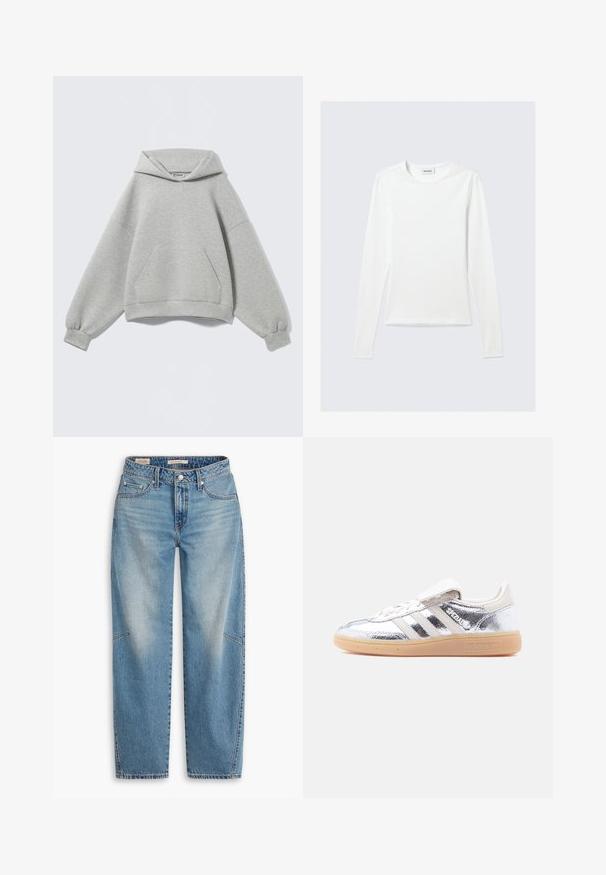 Sudadera con capucha oversize de color gris claro con un bolsillo tipo canguro delantero, puños acanalados y capucha plegada, mostrada sobre un fondo liso.; Camiseta blanca lisa de manga larga con cuello redondo y corte ajustado, mostrada sobre un fondo gris claro.; Jeans de mezclilla azul claro con un ajuste holgado, diseño de pierna recta, bragueta de botones y estilo de cinco bolsillos, con sutiles detalles de desteñido y costuras.; Zapatilla Adidas Spezial metálica plateada con rayas blancas y suela de goma, mostrada desde el lado izquierdo sobre un fondo blanco liso.