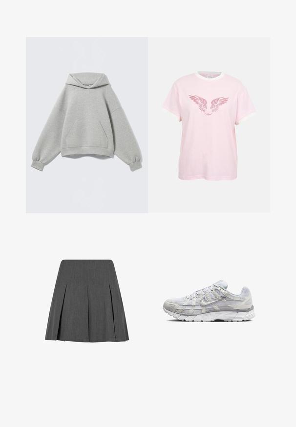 Lysegrå oversized hættetrøje med front kangurulomme, ribkanter og en foldet hætte, vist mod en ensfarvet baggrund.; Lyserød kortærmet T-shirt med hvid krave og manchetter, med glitrende lyserøde englevinger og ordet "Angel" på brystet.; Grå plisseret nederdel med en struktureret design, lavet af et glat stof. Har en lige kant og subtil tekstur. Ingen synlig hardware.; Lys grå atletik sko med en overdel i mesh og syntetiske materialer, der har snørebånd, polstret krave og struktureret sål for godt greb.