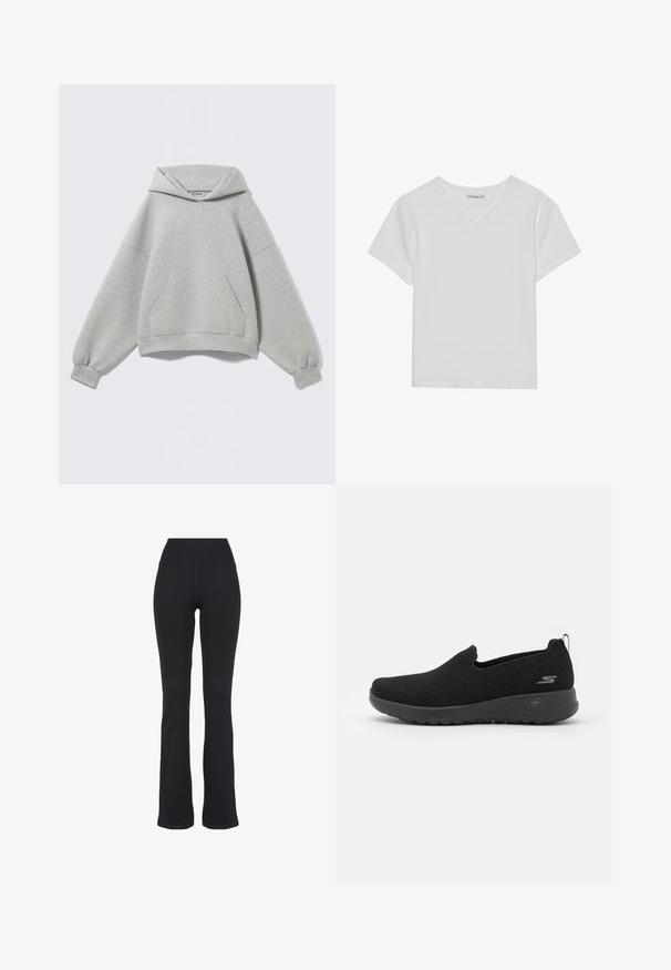 Lysegrå oversized hættetrøje med front kangurulomme, ribkanter og en foldet hætte, vist mod en ensfarvet baggrund.; Hvid kortærmet V-hals t-shirt lavet af ribbet stof. Har et rent design med en lige kant og minimal detaljer.; Sorte højtaljede, tætsiddende yogabukser med udvidede ben, præsenteret mod en hvid baggrund.; Sorte slip-on sko lavet af åndbart meshmateriale, med en tekstureret overdel, polstret sål og et lille logo på siden.
