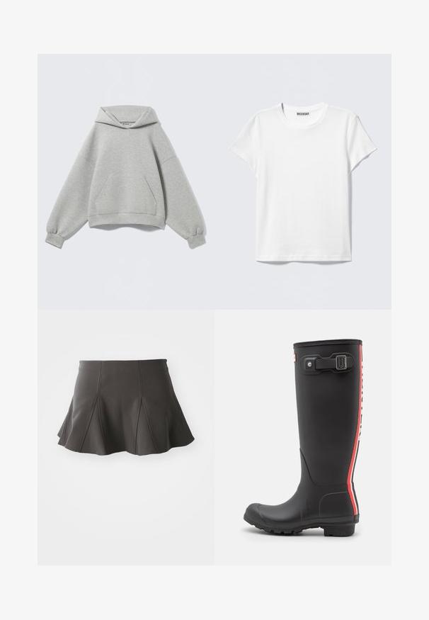 Lichtgrijze oversized hoodie met een voorzak in kangaroestijl, geribde boorden en een gevouwen capuchon, afgebeeld tegen een effen achtergrond.; Effen wit T-shirt met korte mouwen en een ronde hals met een "WEEKDAY" label aan de binnenkant van de kraag, getoond op een lichtgrijze achtergrond.; Zwarte uitlopende rok met een getailleerde taille, voorzien van verticale naden en een gladde textuur. De zoom is licht gebogen en komt net boven de dijen.; Zwarte rubberen regenlaars met een getextureerd oppervlak, hoog ontwerp, verticale strepen in rood en wit, verstelbare riem en gespdetail.