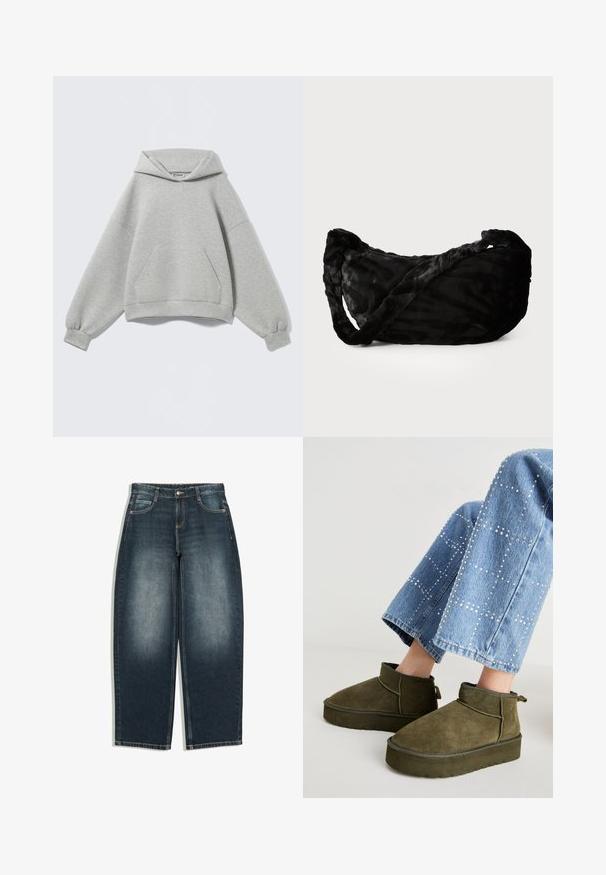 Hellgrauer Oversize-Hoodie mit vorderer Kängurutasche, gerippten Bündchen und gefalteter Kapuze, vor einfachem Hintergrund abgebildet.; Dunkelblaue Jeans mit weitem Bein und leichtem Ausbleichen an den vorderen Oberschenkeln, fünf Taschen, Knopfverschluss und Gürtelschlaufen, flach auf weißem Hintergrund gezeigt.; Olivgrüne Wildleder-Ankle Boots mit einer dicken, strukturierten Sohle und einem Zugriemen. Kombiniert mit hellblauen, verzierten Jeans.; Schwarze Stofftasche mit einem strukturierten Wellenmuster, ausgestattet mit einem gedrehten Griff und runder Form. Weiches, plüschiges Material sorgt für ein angenehmes Gefühl.