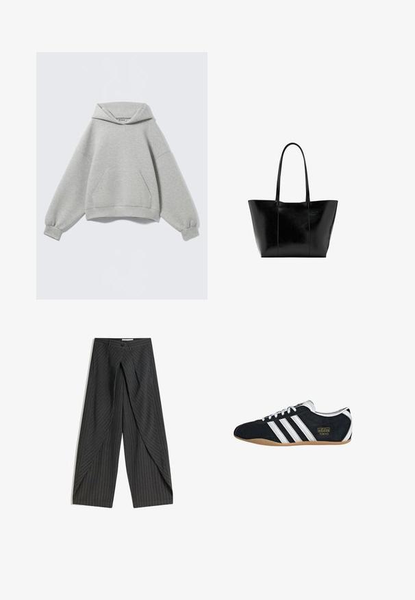 Sweat à capuche oversize gris clair avec une poche kangourou devant, des poignets côtelés et une capuche pliée, présenté sur un fond uni.; Pantalons larges gris foncé avec des rayures blanches, présentant un design avant asymétrique, une fermeture à bouton et une texture structurée.; Sneakers en suede noir avec trois bandes blanches, logo doré et semelle en caoutchouc marron. Présente un design à lacets à profil bas.; Grand sac fourre-tout noir avec de longues poignées et une texture en cuir lisse légèrement brillante, centré sur un fond blanc.