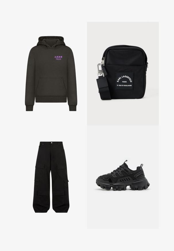 Dunkelgrauer Hoodie aus weichem Stoff, mit einer vorne angebrachten Tasche und Kapuze mit Kordelzug. Lila Text zeigt "Daikoku Futo Tuning Club".; Schwarze Cargo-Hosen aus strapazierfähiger Baumwolle mit lockerer Passform. Verfügt über mehrere Utility-Taschen und ein gerades Bein Design.; Schwarzer Sportschuh mit strukturiertem Gummisohle, gestuften Designelementen und verstärkten Akzenten. Verfügt über Schnürsenkel und eine Schlaufe an der Ferse.; Schwarze Nylon-Crossbody-Tasche mit rechteckiger Form, ausgestattet mit einem vorderen Aufnäher, silberfarbenen Beschlägen und einem verstellbaren Schultergurt.