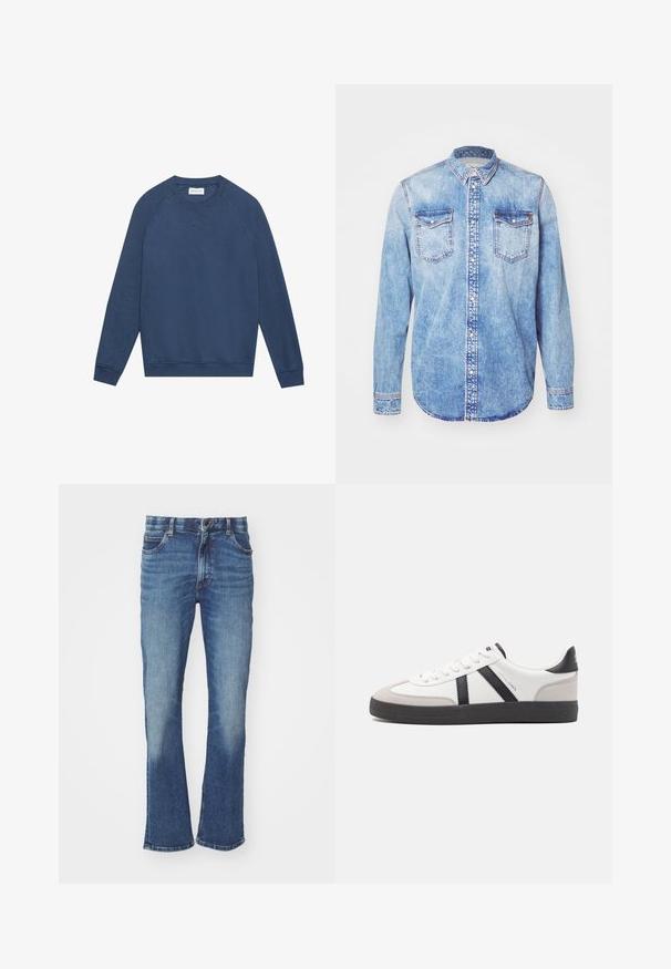Langærmet blå crewneck sweatshirt med raglanærmer, ribstrikkede manchetter og kant, samt en lille broderet "X" detalje under halsudskæringen.; Lysblå denimskjorte med lange ærmer, knap-ned krave, to brystlommer og kontrastsyetning. Rundet kant og klassisk pasform.; Blå denimjeans med en let bustrik, der har en falmet vask, fem lommer og en knaplukning.; Hvide sneakers med sorte og grå detaljer, med en tekstureret grå tåhætte, sort gummisål og flade hvide snørebånd. Rent design, minimalistisk stil.