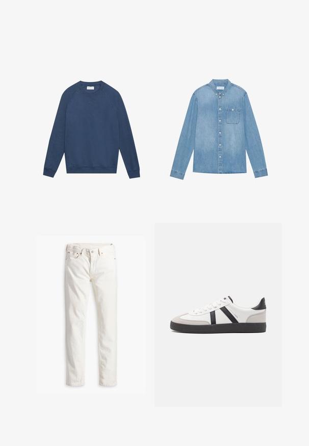 Langärmliges, blaues Crewneck-Sweatshirt mit Raglanärmeln, gerippten Bündchen und Saum sowie einem kleinen gestickten "X"-Detail unterhalb des Kragens.; Hellblaues Denim-Hemd mit Knopfleiste, langen Ärmeln, spitzem Kragen, einer Brusttasche und dezentem Verblassen des Stoffes.; Weiße Jeans im geraden Schnitt, fünf Taschen, Kupferknopf und Nieten sowie einem dezent strukturierten Stoff. Keine sichtbaren Muster.; Weiße Sneaker mit schwarz- und grau-aczenten, ausgestattet mit einer strukturierten grauen Zehenkappe, schwarzer Gummi-Sohle und flachen weißen Schnürsenkeln. Sauberes Design, minimalistische Stil.
