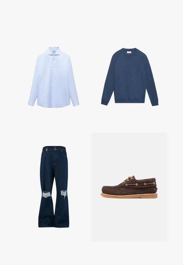 Sudadera azul de cuello redondo y manga larga con mangas raglán, puños y dobladillo de canalé, y un pequeño detalle bordado en forma de "X" debajo del escote.; Camisa de manga larga azul clara en un tejido suave, con cuello puntiagudo y botonera completa con botones blancos. Sin estampados ni acentos.; 2Y Studios ANDUIN RIPPED BAGGY - Vaqueros baggy - raw; Zapato de barco de ante marrón con cordones de cuero, ojales dorados, punta mocada cosida y suela de goma marrón claro sobre fondo blanco.