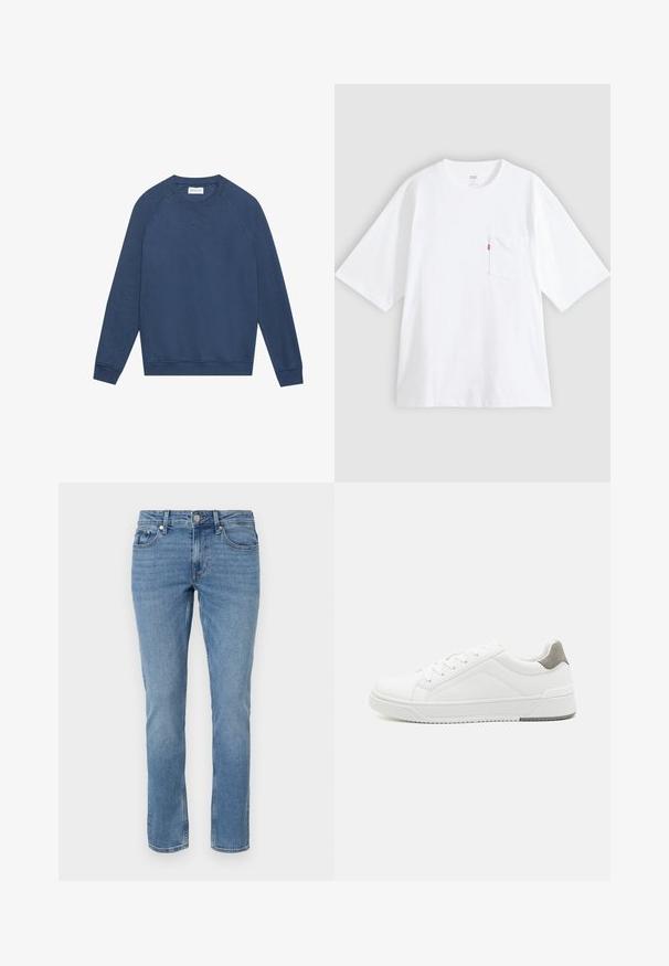 Langärmliges, blaues Crewneck-Sweatshirt mit Raglanärmeln, gerippten Bündchen und Saum sowie einem kleinen gestickten "X"-Detail unterhalb des Kragens.; Weißes Baumwoll-T-Shirt mit kurzen Ärmeln, rundem Ausschnitt und Brusttasche auf der linken Seite. Mit kleinem rotem Logotag an der Tasche.; Blaue gerade geschnittene Denim-Jeans mit Fronttaschen, Gürtelschlaufen und Knopfverschluss.; Weißer Sneaker aus glattem Leder, runde Zehenpartie, minimalistisches Design, graue Fersenkante und strukturierte Gummisohle.