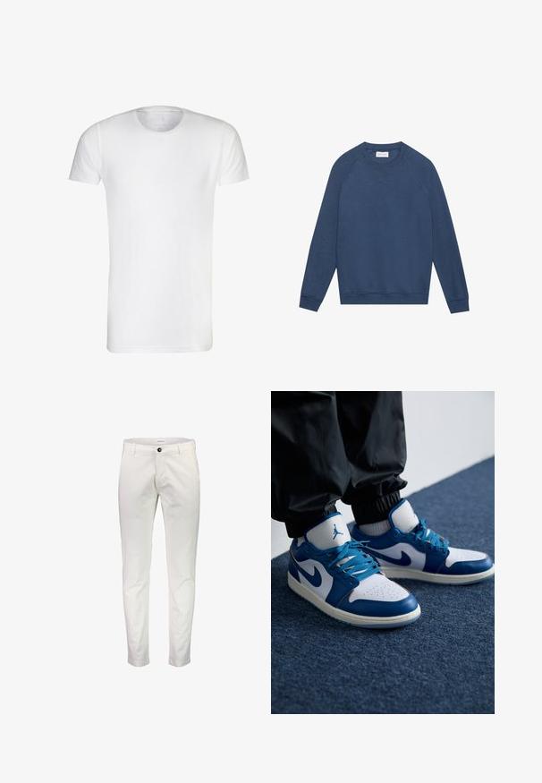 Blauwe sweatshirt met lange mouwen en ronde hals, raglanmouwen, geribde mouwen en onderrand, en een klein gestikt "X"-detail onder de halslijn.; Witte t-shirt met korte mouwen, gemaakt van zachte katoen, met een ronde hals en een rechte zoom. Geen zichtbare patronen of versieringen.; Wit katoenen broeken met een slim fit, met een sluiting met knoop aan de voorkant, riemlussen en een zachte textuur. Geen zichtbare patronen of accenten.; Nike Air Jordan sneakers hebben een witte leren basis met blauwe synthetische accenten, een geperforeerde neusdoos en blauwe veters.