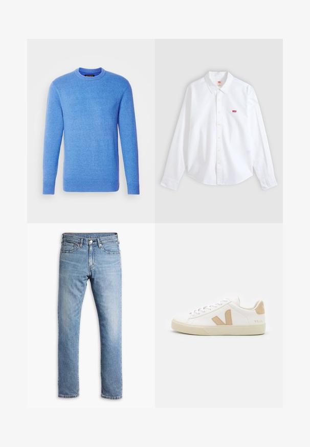 Blauwe gebreide trui met lange mouwen, ronde hals, ribbels aan de manchetten en onderkant. Zachte textuur, uniforme kleur, gelabeld aan de binnenkant van de nek.; Witte blouse met lange mouwen, knoopsluiting en kraag, met klein rood Levi's-logo op het linkerborstgedeelte op een neutrale achtergrond.; Lichtblauwe denim jeans met een rechte pijp, vijf zakken, contrasterende stiksels en een knoop- en ritsluiting bij de taille.; Witte sneakers met beige accenten, gemaakt van glad leer, ronde neus, platte rubberen zool en vetersluiting met een logo op de hiel.