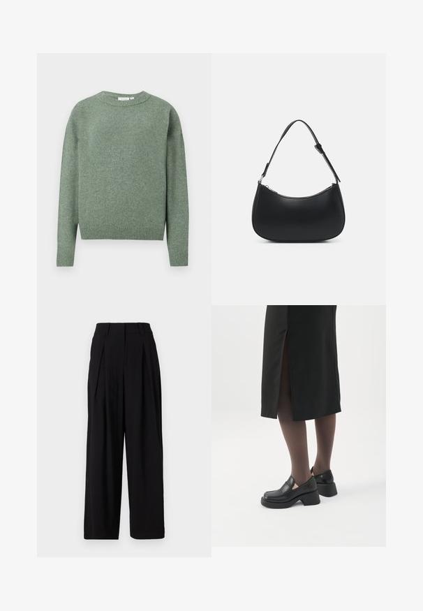 Weicher grüner Strickpullover mit langen Ärmeln, Rundhalsausschnitt und gerippten Bündchen und Saum, auf einem schlichten weißen Hintergrund präsentiert.; Schwarze weite Stoffhosen aus glattem Material, mit hohem Bund, Falten vorne und fließender Silhouette.; Frau trägt schwarze Loafers mit klobigem Absatz, schwarze transparente Strumpfhosen und einen schwarzen Rock mit Schlitz hinten vor weißem Hintergrund.; Pieces PCALUANA SHOULDER BAG - Handtasche - black