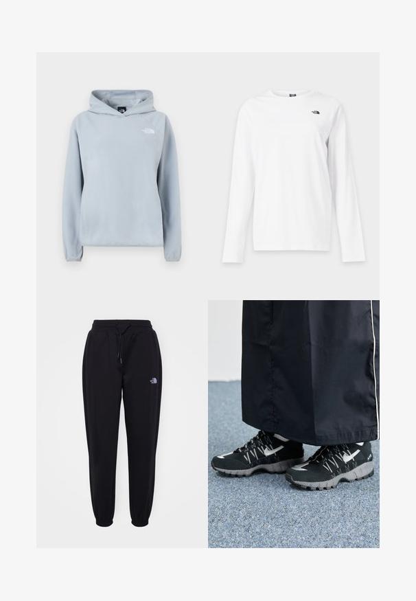 Lyseblå fleece-hættetrøje med frontlomme, justerbar hætte og ribstrikkede manchetter. Har et lille hvidt logo på venstre bryst.; Hvid langærmet T-shirt med rund hals og lille sort The North Face-logo på venstre bryst.; Sorte joggingbukser med elastisk talje og manchetter, snoretræk, sidelommer og lille hvid The North Face-logo på højre lår.; Sorte sportsko med en struktureret overdel, sølvdetaljer og en mønstret ydersål, parret med et langt sort plagg. Sat mod blå tæpper.