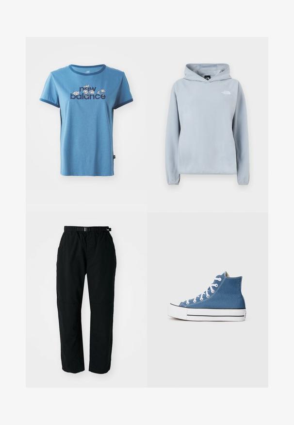 Sudadera con capucha de forro polar azul claro con bolsillo frontal, capucha ajustable y puños acanalados. Cuenta con un pequeño logo blanco en el pecho izquierdo.; Camiseta de algodón azul con mangas cortas, ribete en color marino, que presenta el texto "new balance" y diseños florales en blanco y amarillo en la parte frontal.; Pantalones ligeros negros con cinturilla elástica y cinturón ajustable. Cuentan con piernas estrechas y paneles de rodilla reforzados para mayor durabilidad.; Zapatilla alta de lona azul con ojales blancos, cordones y suela blanca. Presenta una franja negra en la parte inferior y una lengüeta acolchada.