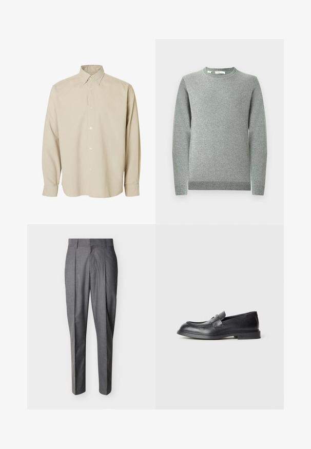 Lysegrå striktrøje med rund halsudskæring, lange ærmer, ribbede manchetter og kant. Tekstureret stof med et subtilt mønster.; Beige langærmet skjorte med knapper, spids krave og knappede manchetter, vist mod en ensfarvet hvid baggrund.; Grå skræddersyede bukser med læg og bæltestropper, vist fladt mod en hvid baggrund.; Sorte læder loafers med en struktureret finish, der har en dekorativ frontrem og en rundet tå. Gummisål for holdbarhed.