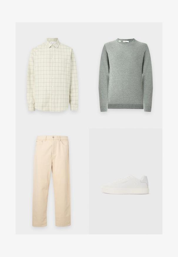 Pull en maille gris clair avec un col rond, des manches longues, des poignets et un ourlet côtelés. Tissu texturé avec un motif subtil.; Chemise beige à boutons, manches longues avec un motif à carreaux subtil, dotée d'un col pointu et d'une poche poitrine unique sur un fond uni.; Jean beige à coupe droite avec fermeture à bouton et glissière, passants pour ceinture et poches avant sur un fond uni.; Baskets blanches avec une tige synthétique lisse, bout rond et semelle plate blanche. Caractérisées par des coutures ton sur ton et un branding minimaliste sur le côté.