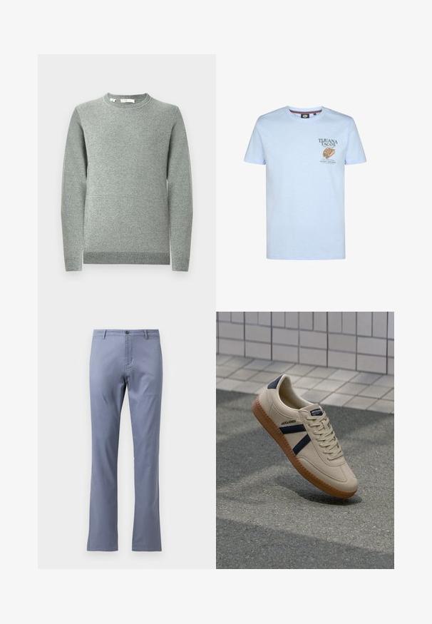Hellgrauer Strickpullover mit Rundhalsausschnitt, langen Ärmeln, gerippten Bündchen und Saum. Strukturierter Stoff mit einem dezenten Muster.; Hellblaues Baumwoll-T-Shirt mit einem grafischen Aufdruck von Tacos und dem Schriftzug "TIJUANA TACOS" auf der linken Brust. Kurze Ärmel, runder Ausschnitt.; Helle blaue Baumwollhose mit geradem Schnitt, flachem Vorderteil, Gürtelschlaufen und einem einzigen Knopfverschluss an der Taille. Keine sichtbaren Muster.; Beige Sneaker mit strukturierter Oberfläche, dunkelblauen Streifen und Gummisohle. Verfügt über eine gepolsterte Zunge und ein traditionelles Schnürsystem für einen sicheren Sitz.