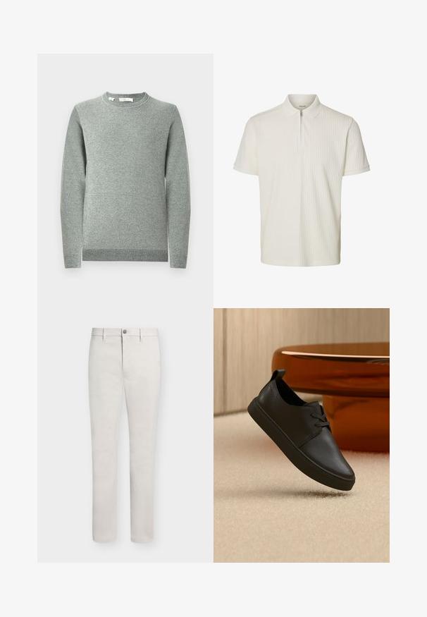 Pull en maille gris clair avec un col rond, des manches longues, des poignets et un ourlet côtelés. Tissu texturé avec un motif subtil.; Polo blanc à manches courtes avec texture côtelée verticale et fermeture éclair frontale sous le col.; Pantalon beige slim homme avec passants de ceinture, fermeture par bouton et poches avant, présenté sur fond blanc.; Baskets décontractées en cuir noir avec lacets, flottant au-dessus d'un tapis beige, avec une table en verre ambré arrondie en arrière-plan.