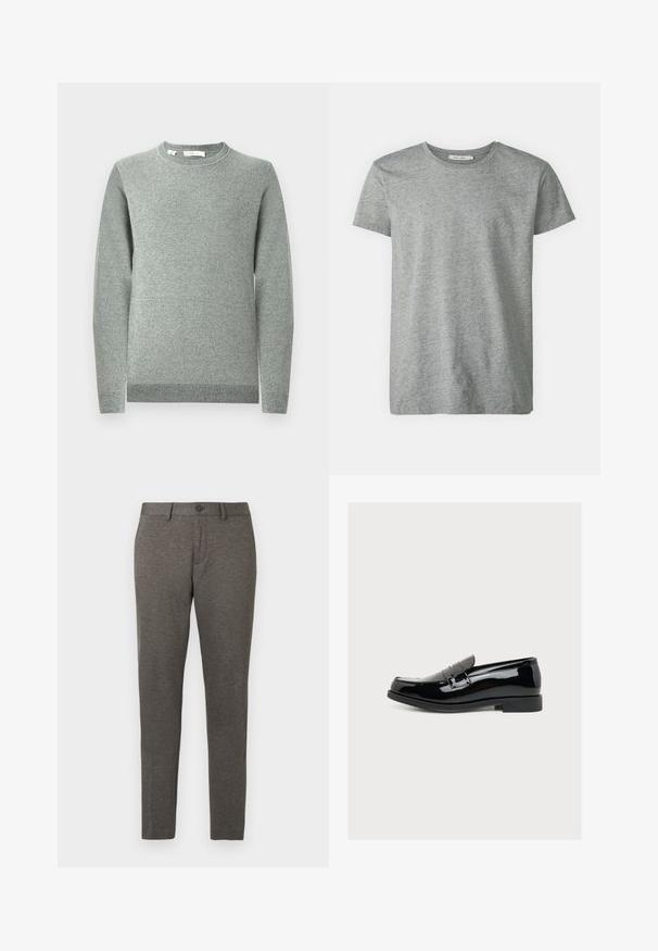 Lysegrå striktrøje med rund halsudskæring, lange ærmer, ribbede manchetter og kant. Tekstureret stof med et subtilt mønster.; Grå kortærmet t-shirt lavet af blød bomuldsblanding. Har en rund halsudskæring og en enkel, glat tekstur uden mønstre eller accentuer.; Grå tapered bukser med et tekstureret stof, der har forskydninger i lommerne og en enkelt knaplukning i taljen. Kan maskinvaskes.; Skinnende sort laklæderloafer med lav hæl og remdetalje over overdelen, vist fra siden på en ensfarvet baggrund.