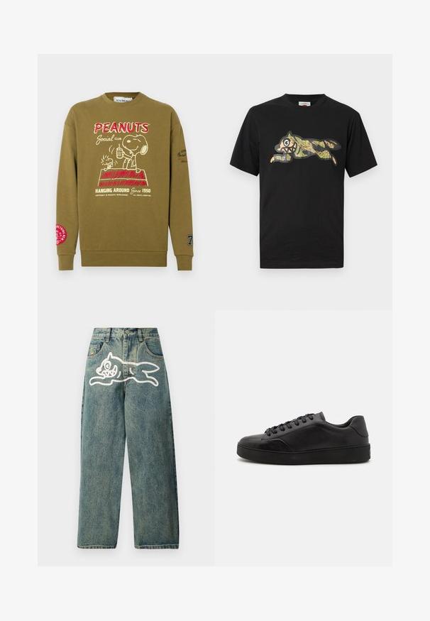 Oliven grøn sweatshirt med Snoopy grafik, rød og hvid tekst, ribbet rund hals, og kontrasterende rødt logo på venstre ærme.; Sort bomulds-T-shirt med et grønt og brunt camouflagegrafik af et springende dyr med markante konturer og overdrevne ansigtstræk.; Lyseblå denimjeans med en løs pasform, der har et stort hvidt kattegrafik på venstre ben og et traditionelt femlomme-design.; Sorte lædersneakers med rund tå, flad sål og traditionel snøring. Har en glat tekstur og diskrete detaljer på siden.