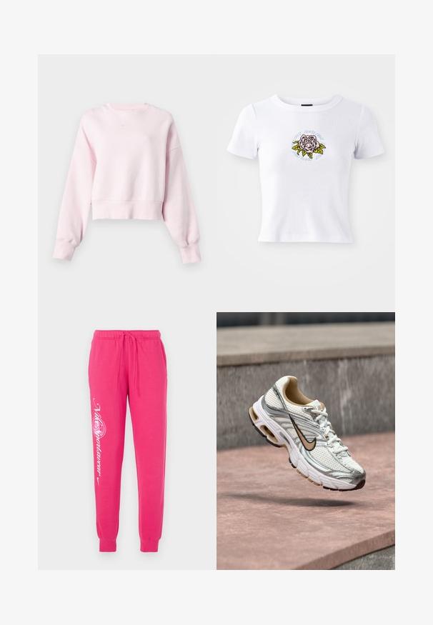 Lyserød cropped sweatshirt med lange ærmer og lille hvid Nike swoosh-logo centreret under rund halsudskæring.; Hvid kortærmet t-shirt med tætsiddende design, som har et centreret broderet rosen grafisk motiv og cirkulær tekst omkring blomsten.; Lyserøde sweatpants lavet af blødt stof, med snor i taljen, tapered cuffs og hvid grafisk tekst på venstre ben.; Hvid og sølv Nike løbesko med beige swoosh-logo, vist i luften over en stens overflade med en sløret grå vægbaggrund.