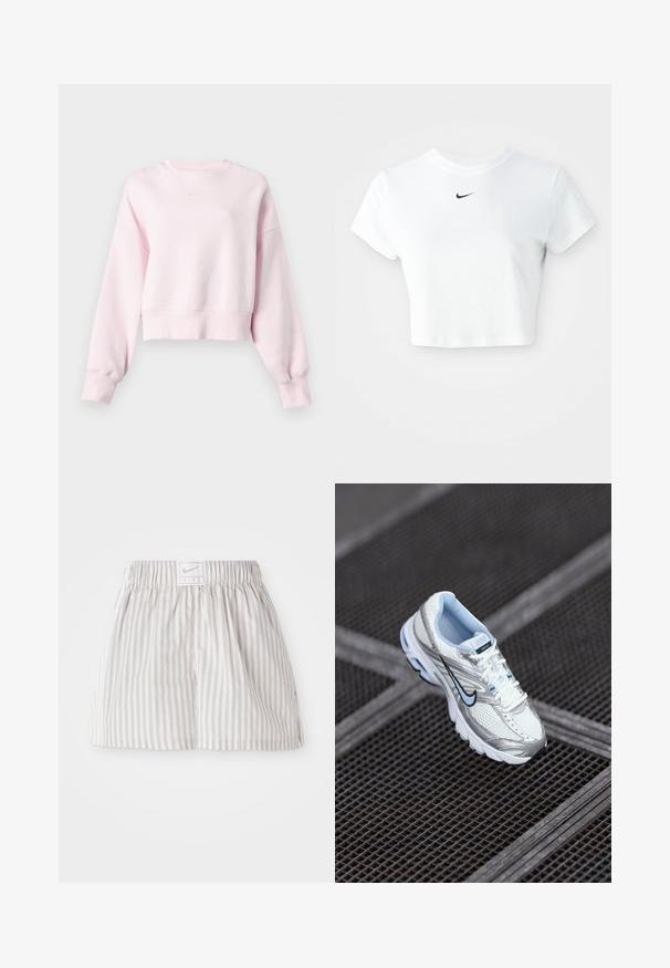 Hellrosa cropped Sweatshirt mit langen Ärmeln und kleinem weißen Nike Swoosh-Logo, zentriert unter dem Rundhalsausschnitt.; Weißes, kurz geschnittenes T-Shirt aus Baumwolle mit kurzen Ärmeln und rundem Ausschnitt, versehen mit einem schwarzen Nike-Logo auf der Brust.; Hellgraue gestreifte Shorts aus weichem Stoff. Verfügt über einen elastischen Bund mit einem Nike-Logo-Tag in der Mitte.; Weiße Mesh-Sportschuhe mit silbernen Akzenten, hellblauer Naht und einem schwarzen Swoosh-Logo. Verfügen über einen gepolsterten Schaft und eine strukturierte Sohle.