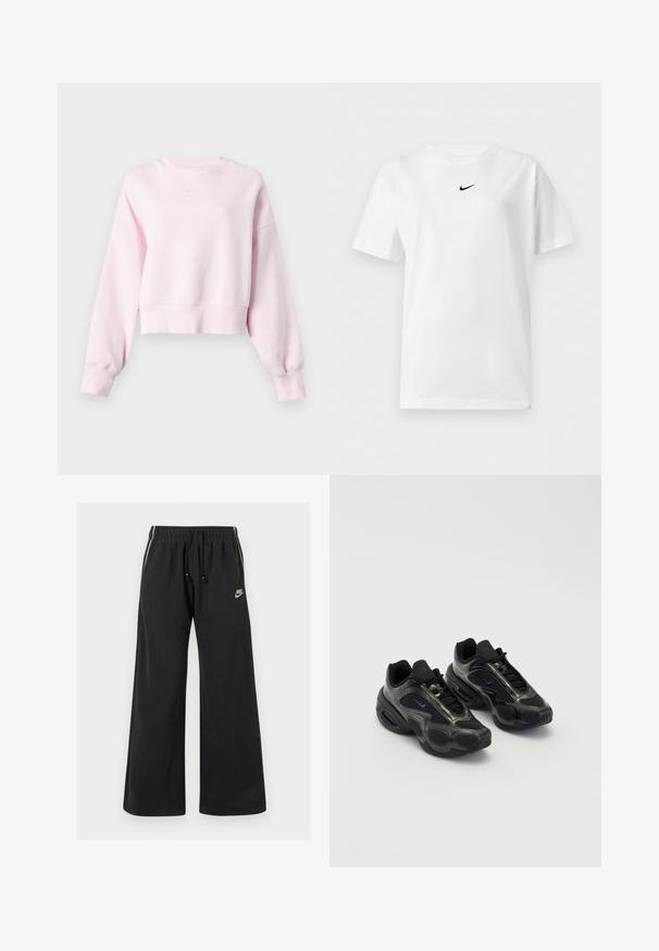Lyserød cropped sweatshirt med lange ærmer og lille hvid Nike swoosh-logo centreret under rund halsudskæring.; Hvid t-shirt med korte ærmer og rund halsudskæring med et lille sort Nike Swoosh-logo centreret nær kraven.; Sorte sweatpants lavet af blødt stof, med en elastisk talje og snøre, sidestriber og et lille logo på venstre front.; Sorte sportssko lavet af syntetisk materiale med mesh-detaljer og afrundede såler. Har snørresystem og fremtrædende Nike-logo på tungen.