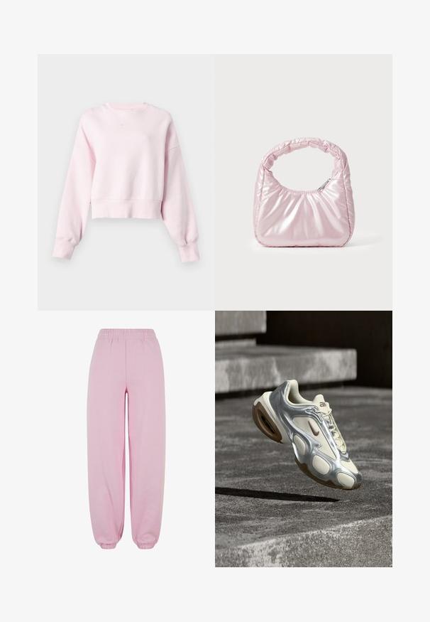 Heleroosa lühendatud dressipluus pikkade varrukatega ja väike valge Nike Swooshi logo, mis asub ümmarguse kaeluse all keskel.; Urban Classics Dresside alumine osa - softpink; Kreemjas ja metallik hõbedane spordijalats ripub betoonastmete kohal, millel on pruunid kummist tald ning Nike logo.; Roosa, polsterdatud käekott ümmarguse disainiga, valmistatud läikivast materjalist. Omab kogutud käepidet ja lukuga sulgemist, et tagada turvaline ligipääs.