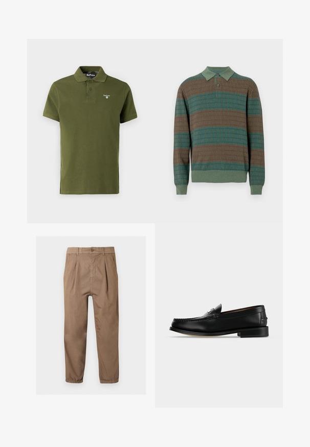 Pull polo tricoté avec un motif texturé comportant des rayures marron et bleu sarcelle, un col vert et une patte de boutonnage à deux boutons. Manches longues avec poignets côtelés.; Polo olive en coton, avec un col classique, deux boutons, des manches courtes et un petit logo brodé sur la poitrine.; Pantalon marron fuselé avec fermeture à boutons, plis sur le devant, poches latérales, passants pour ceinture et bas élastiqués aux chevilles.; Mocassin homme en cuir noir avec un petit talon et une couture de style mocassin sur l'avant, vu de côté sur un fond uni.