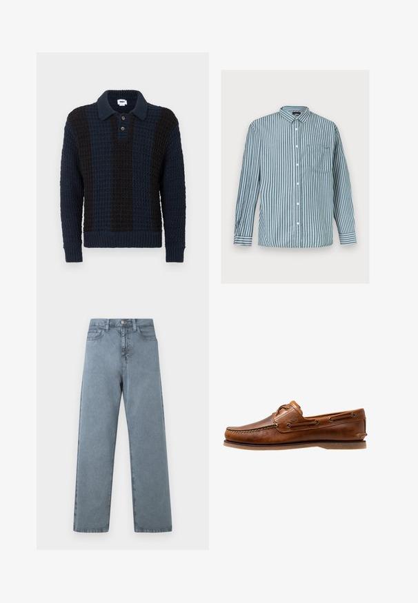 Polo-style sweater i mørkeblå og sort strikket stof med et tekstureret mønster, prydet med en krave og tre træknapper.; Herreskjorte med lange ærmer og knapper, med lodrette grønne og hvide striber samt en brystlomme, lagt fladt på en lys baggrund.; Lysblå denim jeans med lige ben-design, fem lommer, metalknaplukning og en let falmet tekstur.; Brune læder bådsko med syede detaljer, der har metaløjer, en forhøjet søm på tåen og en flad gummisål.
