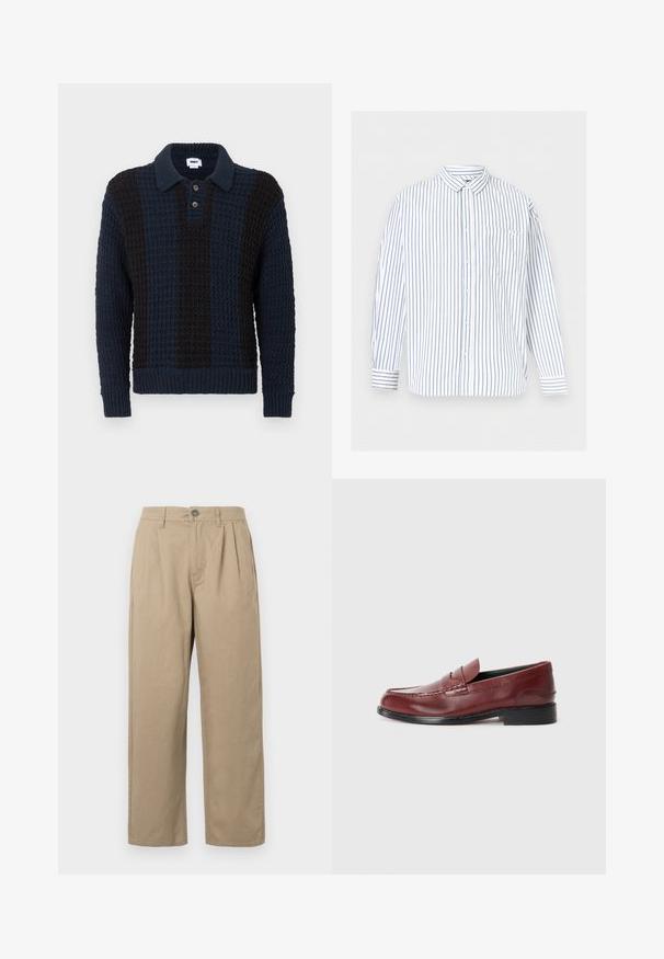Polo-style sweater i mørkeblå og sort strikket stof med et tekstureret mønster, prydet med en krave og tre træknapper.; Hvid skjorte med lange ærmer og blå lodrette striber samt en brystlomme, vist på en ensartet lys grå baggrund.; Beige høj talje bukser med folder, bæltestropper, knaplukning og lige ben på en hvid baggrund.; Burgunderfarvet læder loafer med en glat finish, dekorativ søm og en rund tå. Har en lav sort hæl.