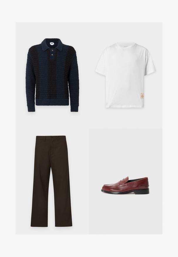 Polo-style sweater i mørkeblå og sort strikket stof med et tekstureret mønster, prydet med en krave og tre træknapper.; Almindelig hvid kortærmet bomulds-T-shirt med rund halsudskæring og lille beige stofmærke nær den nederste kant på højre side.; Brune bukser med vide ben lavet af bomuldsblanding, med knaplukning foran og minimal detaljer for et enkelt design.; Burgunderfarvet læder loafer med en glat finish, dekorativ søm og en rund tå. Har en lav sort hæl.