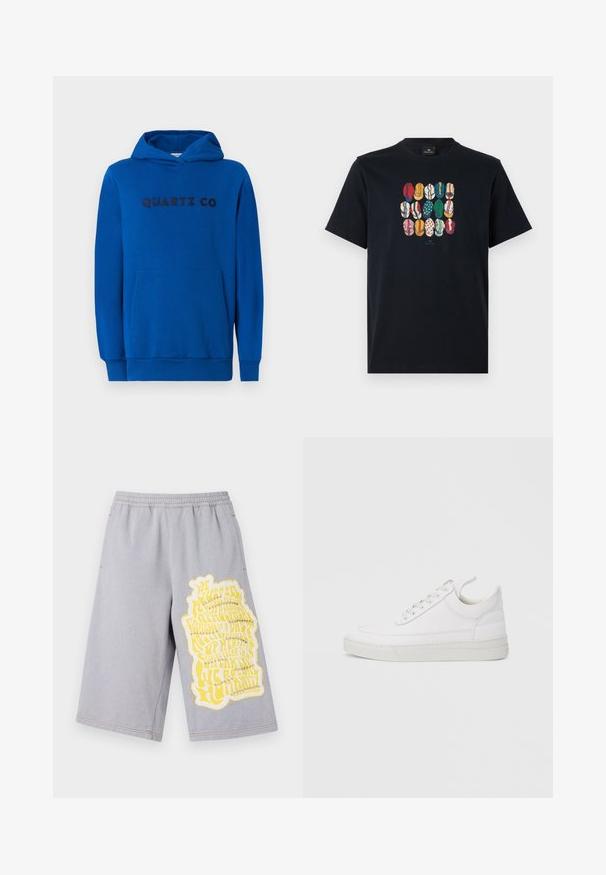 Blauwe hoodie van zacht materiaal, met een kangoeroezak, ribgebreide boorden en het logo "QUARTZ CO" in donkere letters op de voorkant gedrukt.; Zwarte katoenen t-shirt met een kleurrafische afbeelding van verschillende lippen in diverse patronen en kleuren op de voorkant. Ronde halslijn, korte mouwen.; Grijze katoenen shorts met een elastische tailleband, voorzien van een grote gele grafische print en versleten randen aan het linkerbeen.; Witte leren sneaker met een afgeronde neus, platte zool en veters aan de voorkant. Voorzien van stikseldetails en een gevoerde kraag voor comfort.