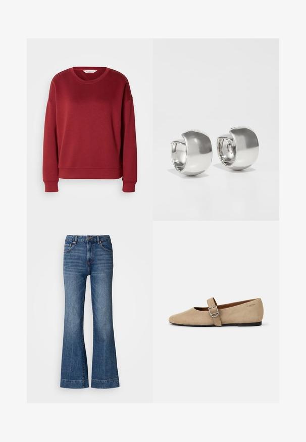 Rød sweatshirt med rund hals, drop shoulder-design, ribbede cuffs og kant. Fremstillet af et blødt, glat stof i en enkel, ensfarvet farve.; Udståede denimjeans i mørkeblå. Har fem lommer, bæltestropper og orange syninger. Glat tekstur med et klassisk pasformdesign.; Beige ruskind Mary Jane flade sko med spids tå og et enkelt justerbart strop med en sølv spænde. Sort flad sål.; Uncommon Matters SCULPTURAL LARGE CREOLE - Øreringe - silver-coloured