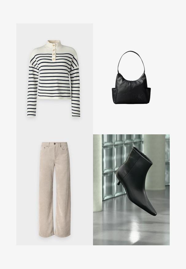 Strikket sweater i off-white og marineblå, med høj krave, lange ærmer og fem dekorative guldknapper ved halsudskæringen.; Beige corduroy bukser med vidde og lodrette striber, der har knaplukning og frontlommer. Blødt, tekstureret stof med en afslappet pasform.; Sort læderankelstøvle med spids tå og lav kitten-hæ, vist vinklet mod en poleret gulv- og glasblokvæg.; Sort læder skuldertaske med en enkelt rem, sidelommer og et diskret prægede Calvin Klein-logo på forsiden nederst til højre.