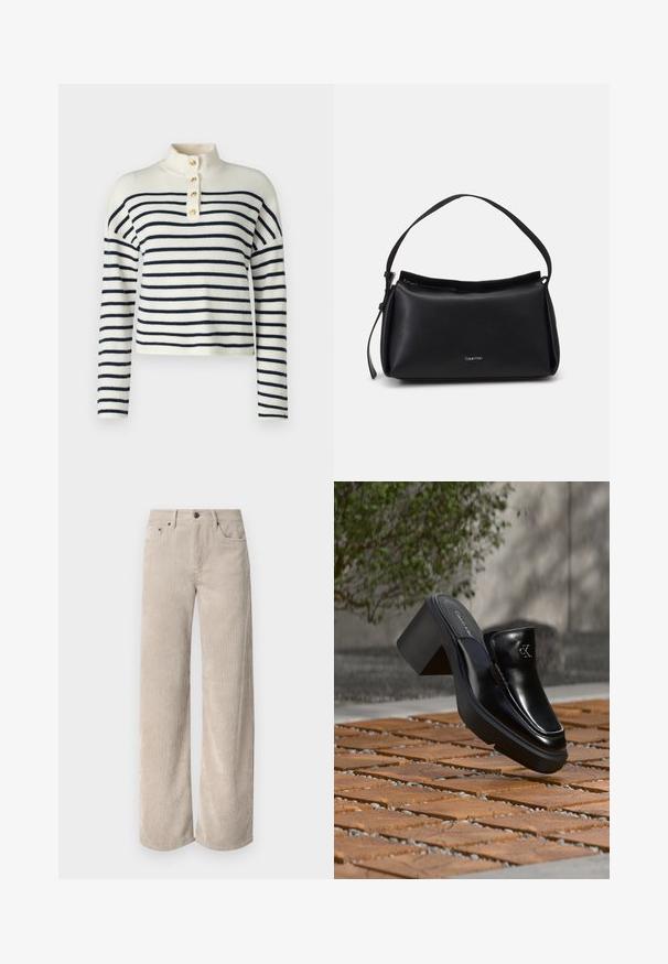 Strikket sweater i off-white og marineblå, med høj krave, lange ærmer og fem dekorative guldknapper ved halsudskæringen.; Beige corduroy bukser med vidde og lodrette striber, der har knaplukning og frontlommer. Blødt, tekstureret stof med en afslappet pasform.; Sort læder Calvin Klein slip-on mule med blokhæl, der hviler på trætøj udendørs nær en grøn plante og en grå væg.; Sorte læderhåndtaske med en buet form, en enkelt skulderrem og lynlås lukning øverst. Har et diskret logo på fronten til branding.