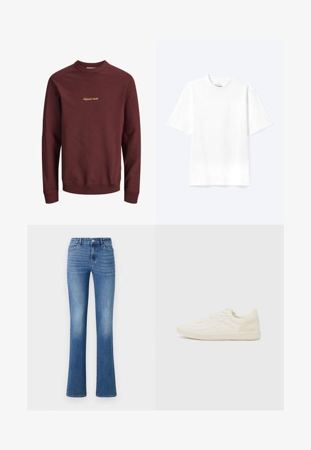 Bordeauxrode sweater met lange mouwen en ronde hals, met geribde boorden en zoom, voorzien van kleine gele tekst "Originals Studio" in het midden van de borst.; Effen witte T-shirt met korte mouwen en ronde hals, met een losse pasvorm, weergegeven op een lichte achtergrond.; ONLY ONLWAUW MID WAIST - Slim fit jeans - medium blue denim; ALDO THEPITCH - Sneakers laag - white