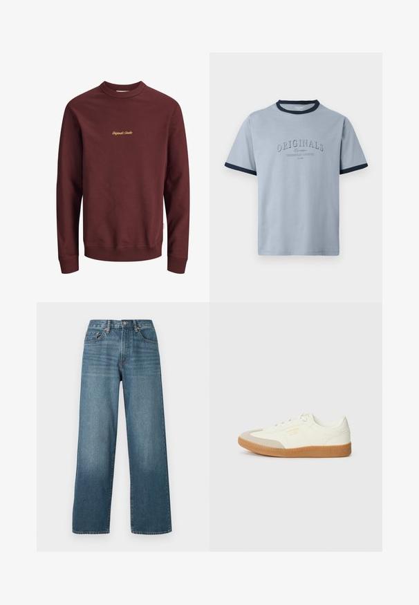 Dunkelrotes Sweatshirt mit langen Ärmeln und Rundhalsausschnitt, mit gerippten Bündchen und Saum, mit kleinem gelben "Originals Studio" Text mittig auf der Brust.; Hellblaues Baumwoll-T-Shirt mit marineblauem Rippenkragen und Ärmeln. Verziert mit erhabenem Text "ORIGINALS" und "CONTEMPORARY AESTHETICS" in einem dezenten Design.; Weite, dunkelblaue Denim-Jeans mit Knopfverschluss, Gürtelschlaufen und einem ausgewaschenen Textur. Mit fünf Taschen und Kontrastnähten.; Sneaker aus weißem Leder mit einer beigen Zehenkappe und leichter brauner Gummisohle. Verfügt über flache weiße Schnürsenkel und geprägtes Branding an der Seite.