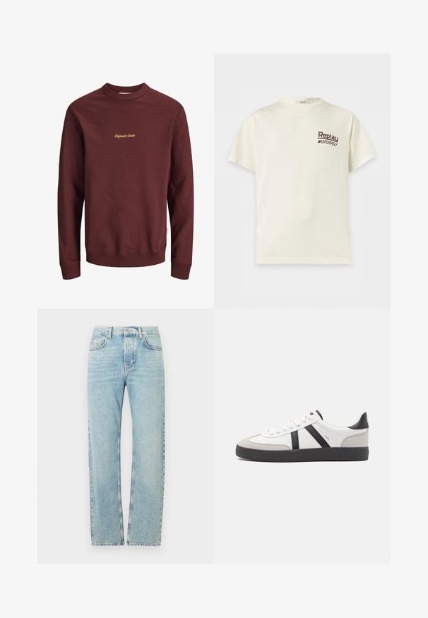 Bordeauxrode sweater met lange mouwen en ronde hals, met geribde boorden en zoom, voorzien van kleine gele tekst "Originals Studio" in het midden van de borst.; Roomkleurig T-shirt met korte mouwen en een ronde hals met "Replay Motocicli" gedrukt in kleine donkere letters op de linkerborst.; Lichtblauwe denim jeans met een rechte pijp, voorzien van een klassieke tailleband, vijf zakken en subtiele veroudering over de stof.; Witte sneaker met zwarte en grijze accenten, voorzien van een grijze neus met textuur, zwarte rubberen zool en platte witte veters. Schoon ontwerp, minimalistische stijl.