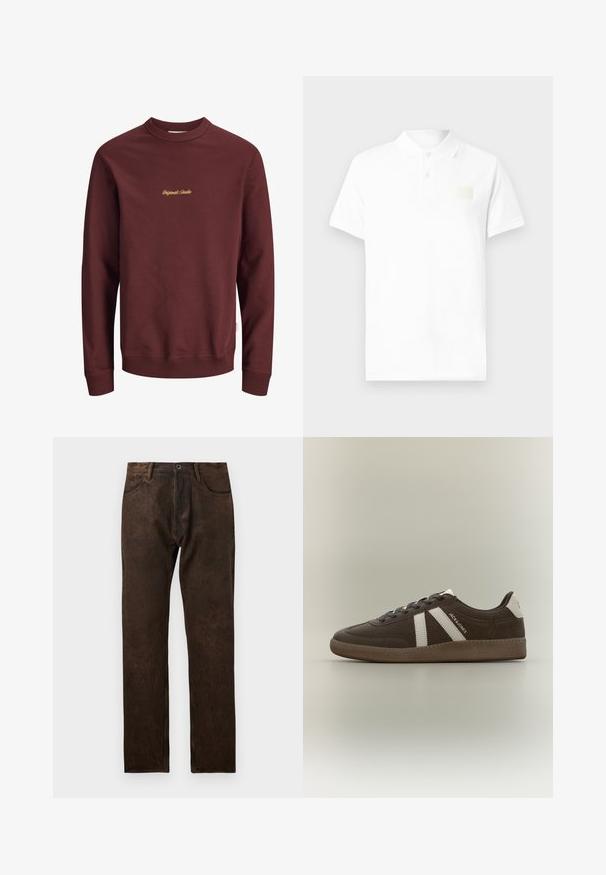 Dunkelrotes Sweatshirt mit langen Ärmeln und Rundhalsausschnitt, mit gerippten Bündchen und Saum, mit kleinem gelben "Originals Studio" Text mittig auf der Brust.; Weißes Polohemd aus Baumwolle mit klassischem Kragen, kurzen Ärmeln und einem kleinen beigen Logoaufnäher auf der linken Brustseite.; Braune Denim-Jeans mit leicht abgenutzter Struktur, gerade Beinform, fünf Taschen und einem Knopfverschluss an der Taille.; Brauner Wildleder-Sneaker mit weißen Streifen, weißem Fersen-Patch, Gummisohle und dem Text "JACK & JONES" an der Seite, im Profil auf einfarbigem Hintergrund gezeigt.