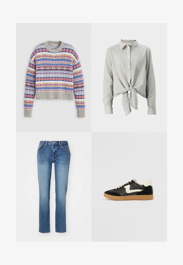 Pull en tricot gris avec un col rond, doté de motifs multicolores rouge, bleu, jaune et noir en bandes horizontales.; Chemise boutonnée à rayures vertes et blanches, dotée d'un nœud à l'avant, de manches longues et d'une poche poitrine. Fabriquée en tissu léger.; Jean en denim bleu avec une coupe droite, présentant un design classique à cinq poches et une finition légèrement délavée. Les détails incluent une fermeture à bouton et une fermeture éclair.; Baskets en daim et cuir noir avec un swoosh latéral crème et un talon crème clair. Dotées de lacets beige et d'une semelle en caoutchouc gomme.