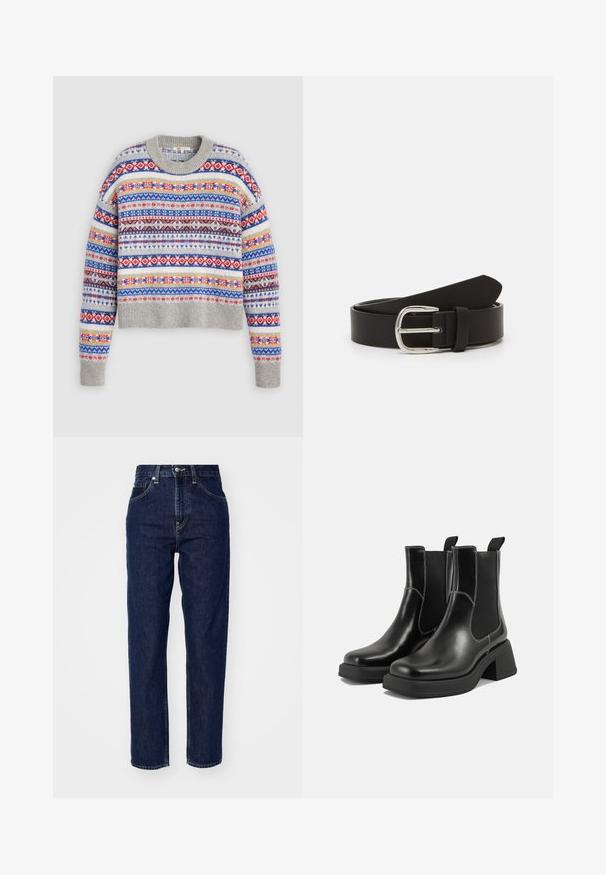 Pull en tricot gris avec un col rond, doté de motifs multicolores rouge, bleu, jaune et noir en bandes horizontales.; Jean en denim bleu foncé avec une taille haute, design à jambe droite, poches avant et détails de couture discrets. Style classique et polyvalent.; Bottes Chelsea en cuir noir avec un talon épais, des panneaux latéraux élastiques et des coutures blanches contrastantes. Fini texturé.; Ceinture en cuir noir avec une texture lisse, dotée d'une boucle en métal argenté et d'une extrémité effilée. Design simple et classique.