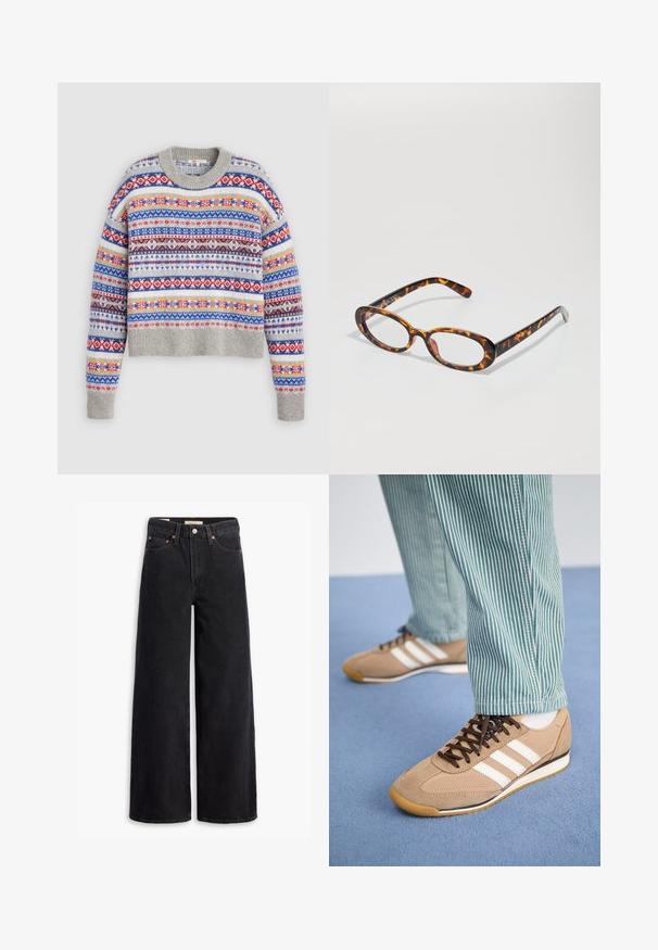 Grå strikket sweater med rund hals, der har flerfarvede mønstre i rød, blå, gul og sort i vandrette rækker.; Sorte brede benjeans lavet af denim, med fem lommer, kobbernitter og en klassisk knaplukning. Glat tekstur med et rent design.; Tan ruskind og mesh sneakers med brune snørebånd og tre hvide striber. Parret med grønne og hvide stribede bukser, hviler på en blå overflade.; Skildpaddebriller med ovale linser, der har en glat overflade, slanke stænger og subtile mønstre, der minder om tigerstriber.