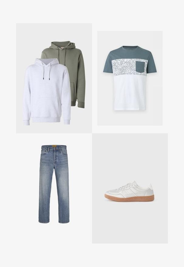 Twee hoodies: één lichtgrijs met een voorsbzak en trekkoorden, en één olijfgroen met een zachte textuur en een vergelijkbaar ontwerp.; Heren T-shirt met korte mouwen met turkooizen bovenstuk, wit onderstuk, een bloempatroon in de middelste streep en een turkooizen borstzakje.; Lichtblauwe rechte jeans gemaakt van denim, met een vervaagde wassing, vijf zakken, riemlussen en een rits met knoopsluiting.; Zilveren sneakers met een gladde textuur, vetersluiting, geperforeerde accenten en een gestructureerde bruine rubberen zool.