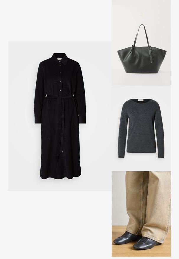 Mørkegrå langærmet sweater med rund halsudskæring, lavet af blødt stof. Har en glat tekstur og en almindelig pasform. Mærket label er synlig.; Sort skjortekjole med krave, lange ærmer, knaplukning og taljebånd til justerbar pasform. Glat stoftekstur.; Sorte lædersko med en glat tekstur, lav profil og snørebånd, parret med løst, lysbeige denimbukser.; Vero Moda VMDITTA - Shopping bags - black