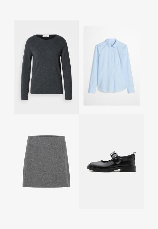 Pull gris foncé à manches longues avec un col rond, fait de tissu doux. Présente une texture lisse et une coupe régulière. Étiquette de la marque visible.; Chemise bleu clair à manches longues, col classique, avec un logo discret brodé sur la poitrine. Tissu lisse et net.; Une mini-jupe en feutre gris avec une coupe droite et une texture lisse, dotée d'une large ceinture et sans coutures ni embellissements visibles.; Chaussure Mary Jane en cuir noir avec une semelle épaisse, un bout arrondi, une bride à boucle argentée et un languette à l’arrière.