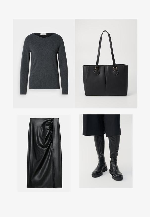 Mørkegrå langærmet sweater med rund halsudskæring, lavet af blødt stof. Har en glat tekstur og en almindelig pasform. Mærket label er synlig.; Sort læderskirt med en glat overflade, der har en indsamlet sektion på den ene side og en skråning på siden for ekstra detaljer.; Sorte læder knæhøje støvler med en glat tekstur, kraftige såler og side-lynlåse. Designet har diskrete sømdetaljer.; Sort faux læder tote taske med en tekstureret finish, to lange håndtag og hardware i guld tone-accenter på siden. Rektangulær form.